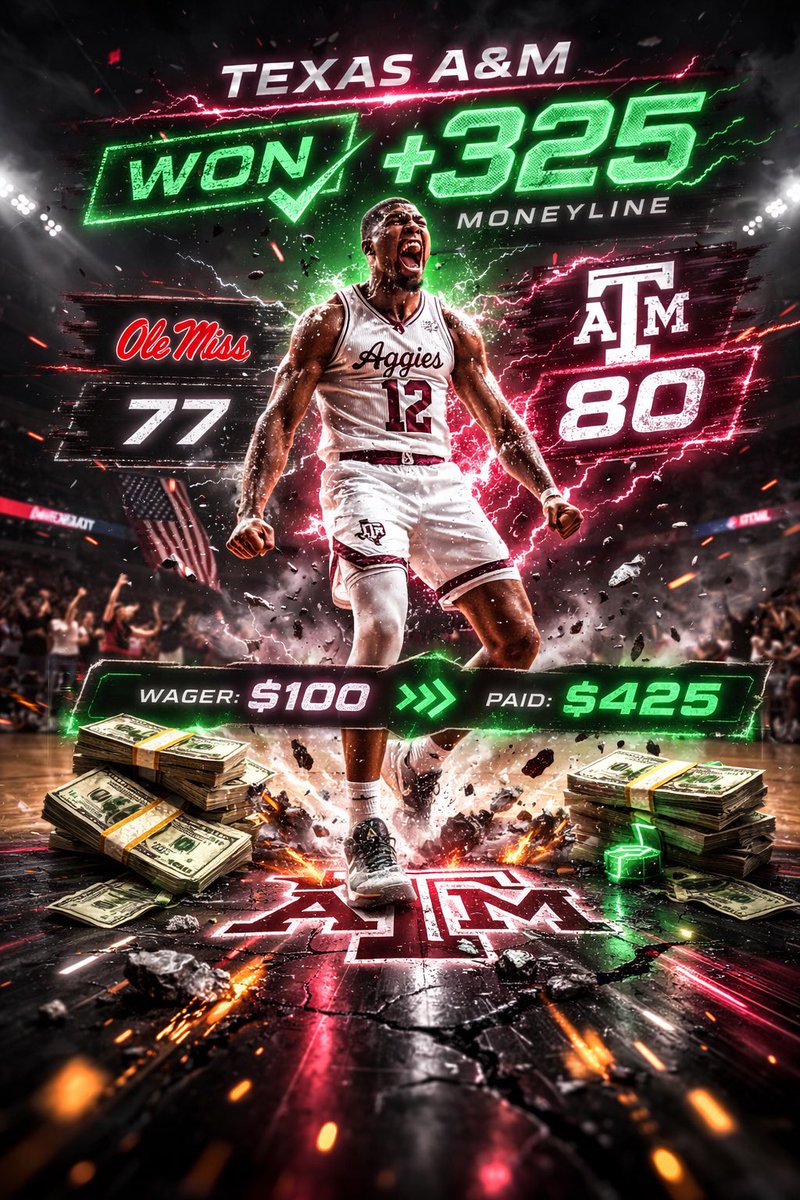 chef_mj's tweet image. IT AIN’T OVER… TIL WE CASH IT 💰🚀

Texas A&amp;amp;M ML +325
Down to the wire.
Clutch free throws.
DOG MENTALITY.

$100 ➡️ $425
Ole Miss 77
Aggies 80

When the lights get bright… we get paid 😈

#Aggies #TexasAM #CollegeHoops #Moneyline #SportsBetting #PlusMoney #Cashed
