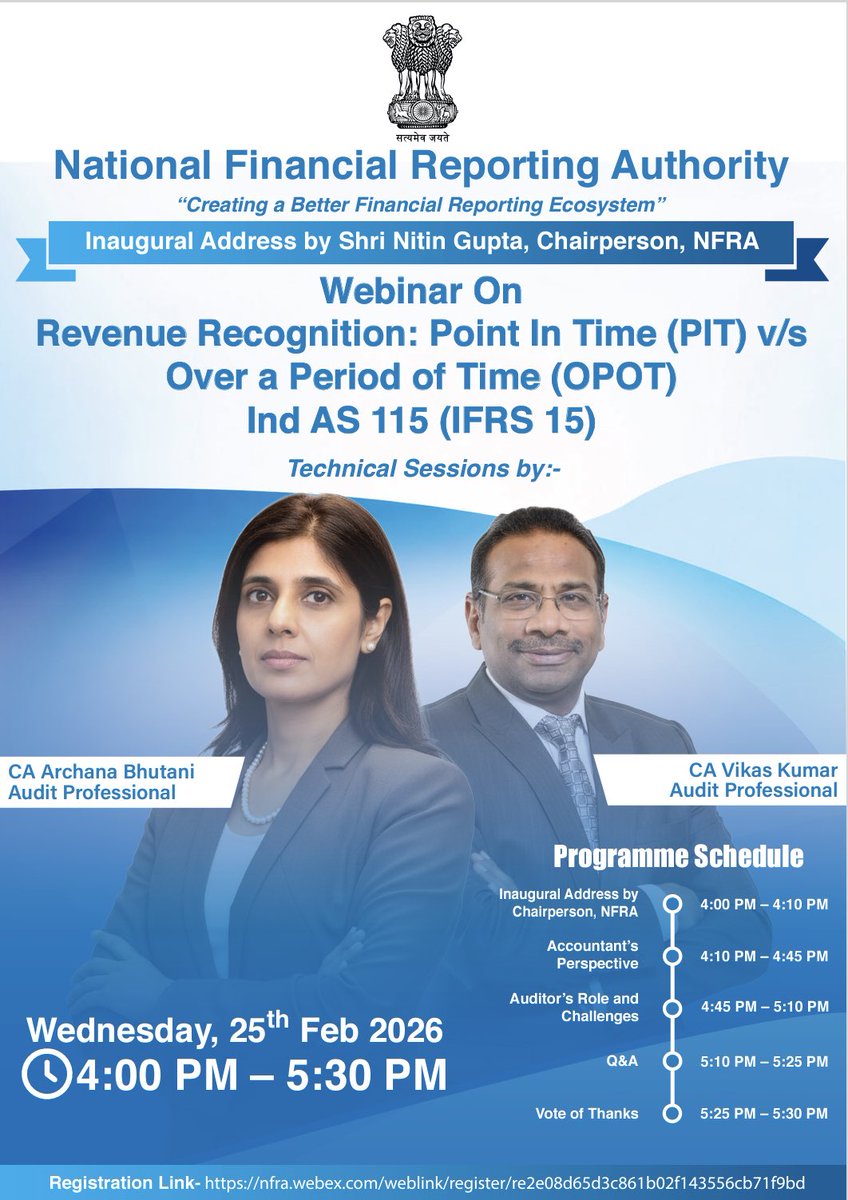 nfrasocial's tweet photo. NFRA webinar: Revenue Recognition

Join us on 25th February 2026 at 4:00 PM for an insightful webinar on “Revenue Recognition: Point In Time (PIT) v/s Over a Period of Time (OPOT) Ind AS 115 (IFRS 15)”

Registration Link- https://t.co/Vi95Uw2zzq

#RevenueRecognition #AuditQuality #PublicInterest #Transparency #FinancialReporting