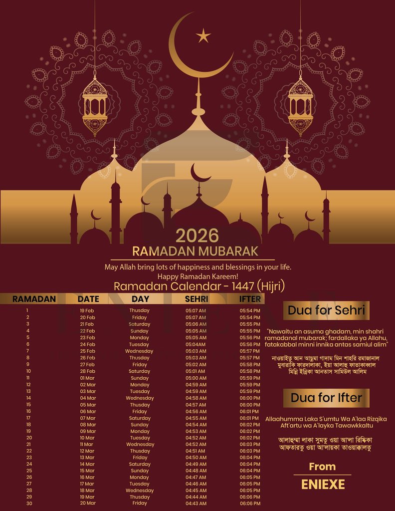 eni_exe's tweet photo. 🌙 Ramadan Calendar 2026 (1447 Hijri)
Sehri &amp; Iftar Timetable + Duas (Arabic • Bengali • English).
Save &amp; share for Ramadan prep. ✅

📩 Islamic design projects? Contact ENIEXE.

#Ramadan2026 #RamadanCalendar2026 #SehriIftarTime #RamadanMubarak #ENIEXE https://t.co/KNYFMcTe2n