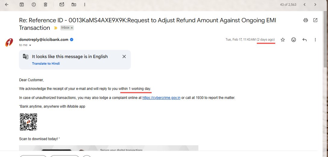 SagarUk01's tweet photo. @ICICIBank @ICICIBank_Care It’s been 2 days since your auto-reply said “we’ll reply within 1 working day.” Still no update on my request (Reference ID: 0013KaMS4AXE9X9K) regarding credit card/EMI adjustment. What’s going on? Please resolve this at the earliest. ⏳ https://t.co/0L8HtKkMKm