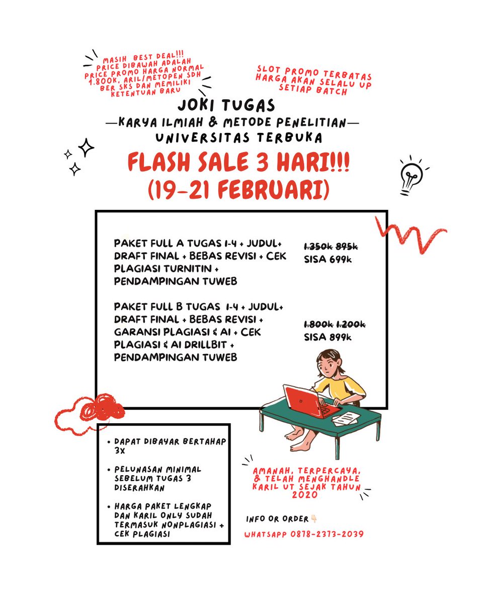 jokitugasdulu's tweet photo. ‼️PROMO BESAR HANDLE KARIL/ARIL/METODE PENELITIAN UT‼️

📚 Menerima semua jurusan/prodi
📚 Dibimbing sampai akhir perkuliahan
📚 Bisa dicicil/bayar bertahap

infor/order 👉 https://t.co/tfhH5tJeT5
#zonauang️ https://t.co/PODCEqvCqe