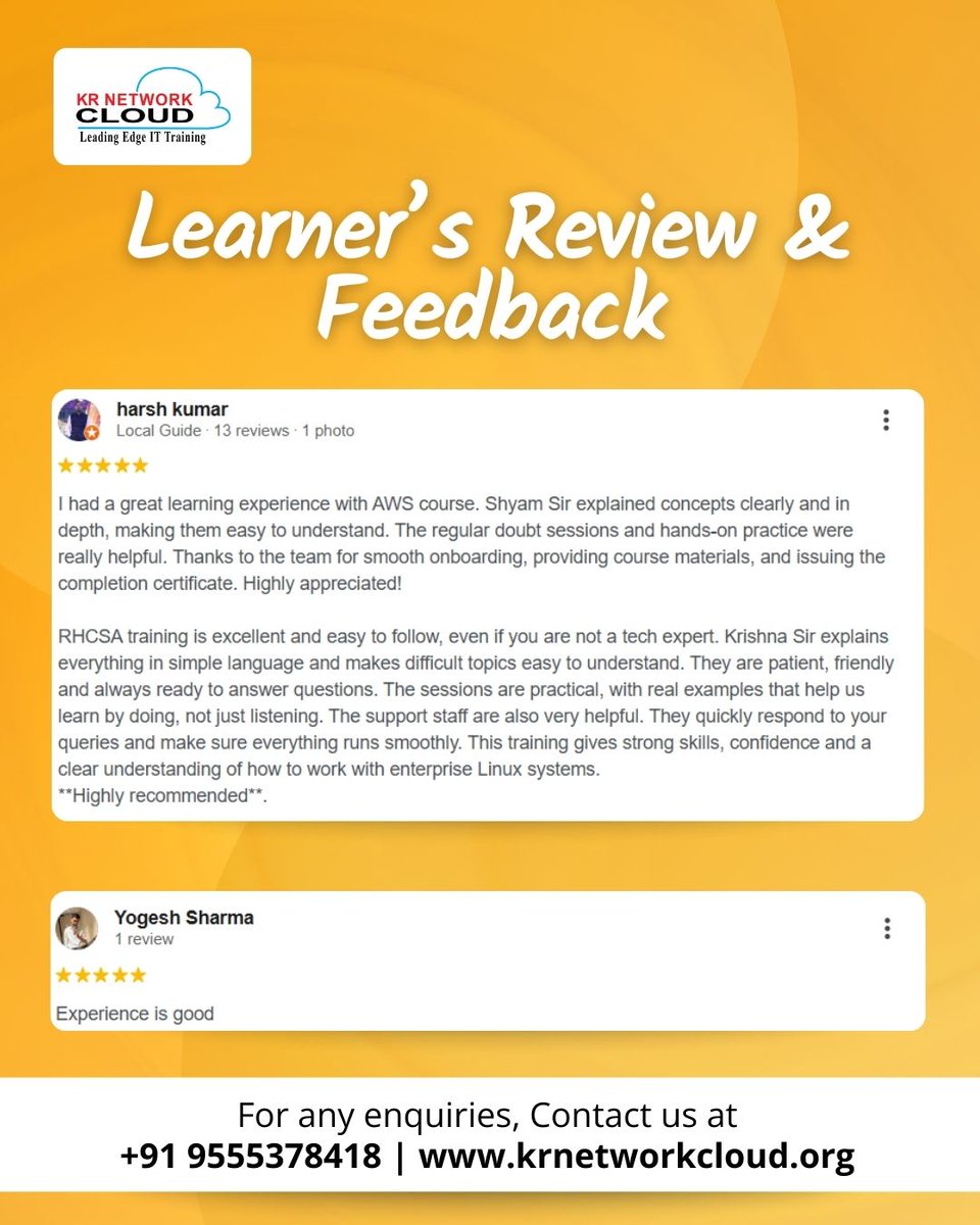 KRNetworkCloud1's tweet image. Learning is best reflected through experience.

These reviews come from learners who completed training in Linux (RHCSA / RHCE), CCNA, AWS Solutions Architect, RHEL, and Cloud programs.

📞 +919555378418
🌐 krnetworkcloud.org

#studentreviews #learnerfeedback #linuxtraining