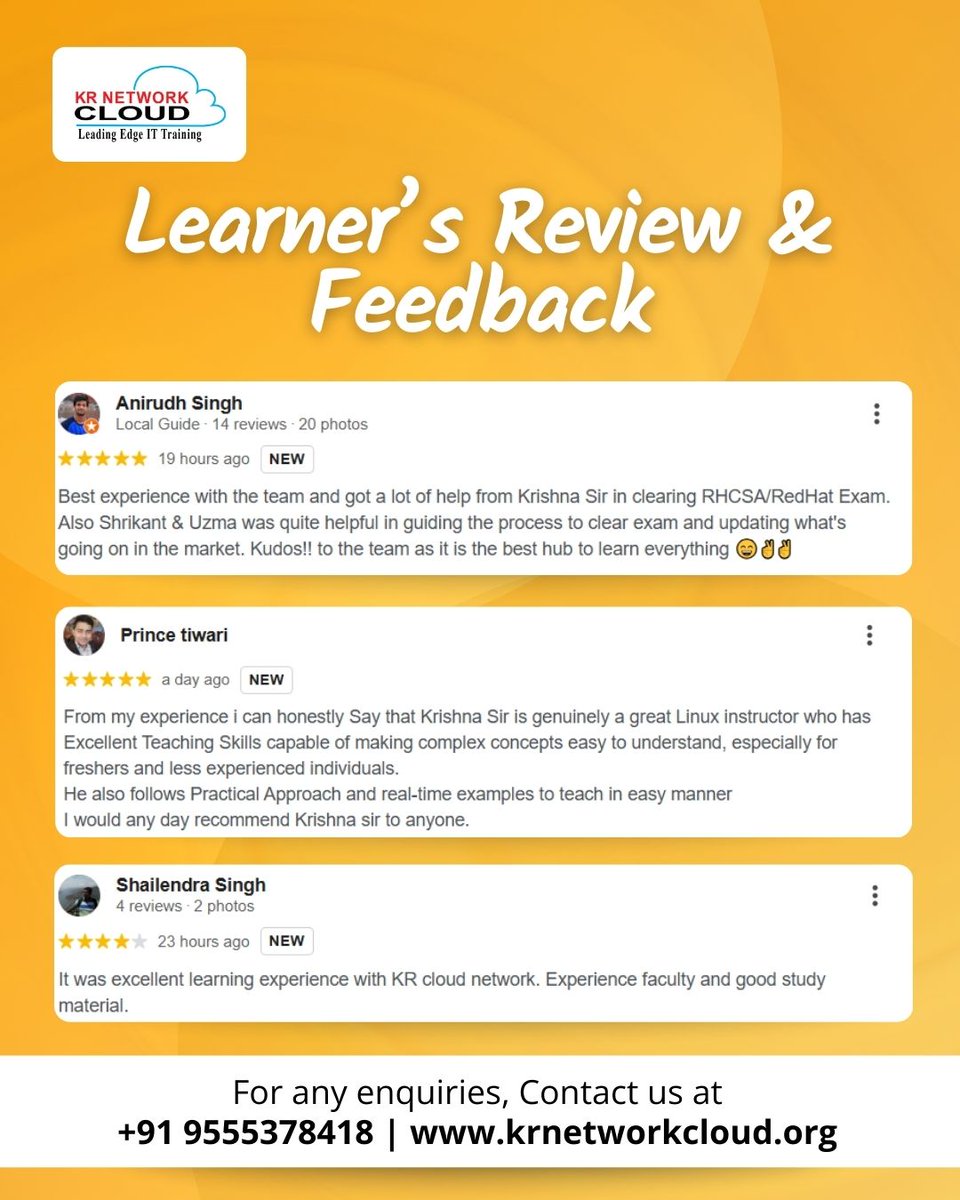 KRNetworkCloud1's tweet image. Learning is best reflected through experience.

These reviews come from learners who completed training in Linux (RHCSA / RHCE), CCNA, AWS Solutions Architect, RHEL, and Cloud programs.

📞 +919555378418
🌐 krnetworkcloud.org

#studentreviews #learnerfeedback #linuxtraining