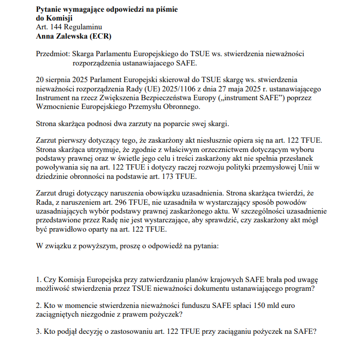 🛡️🇪🇺 Pożyczki w ramach funduszu #SAFE zaciągane są niezgodnie z prawem UE⁉️ 

20 sierpnia 2025r. Parlament Europejski skierował do TSUE skargę ws. stwierdzenia nieważności rozporządzenia dot. SAFE, zarzucając Komisji Europejskiej i Radzie UE oparcie się na błędnej podstawie