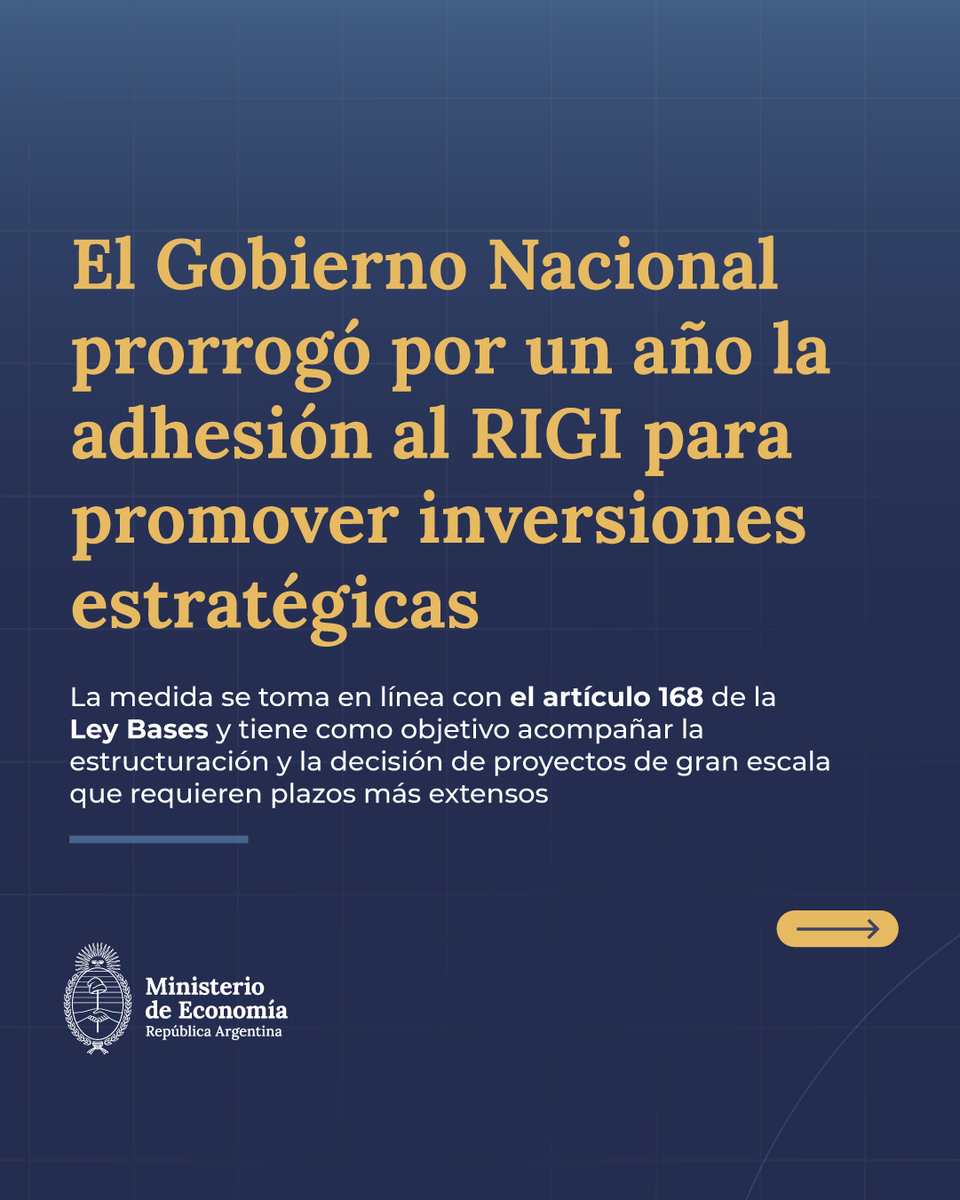 MinEconomia_Ar's tweet photo. MÁS INVERSIÓN, MÁS PRODUCCIÓN, MÁS EMPLEO

El Gobierno Nacional prorroga por un año el plazo de adhesión al RIGI e incorpora nuevos proyectos de upstream.

A través de esta medida, se extiende la ventana de adhesión hasta julio de 2027 para acompañar los tiempos de decisión de los grandes proyectos. Además, se suman desarrollos de petróleo y gas costa adentro con inversiones mínimas de USD 600 millones.

Desde su puesta en marcha ya se aprobaron 10 proyectos por un total de USD 25.479 millones.

Con reglas claras, seguimos impulsando el crecimiento del sector privado y fortaleciendo el perfil exportador de la Argentina.

Más información 👇
https://t.co/8REI9c0dCA