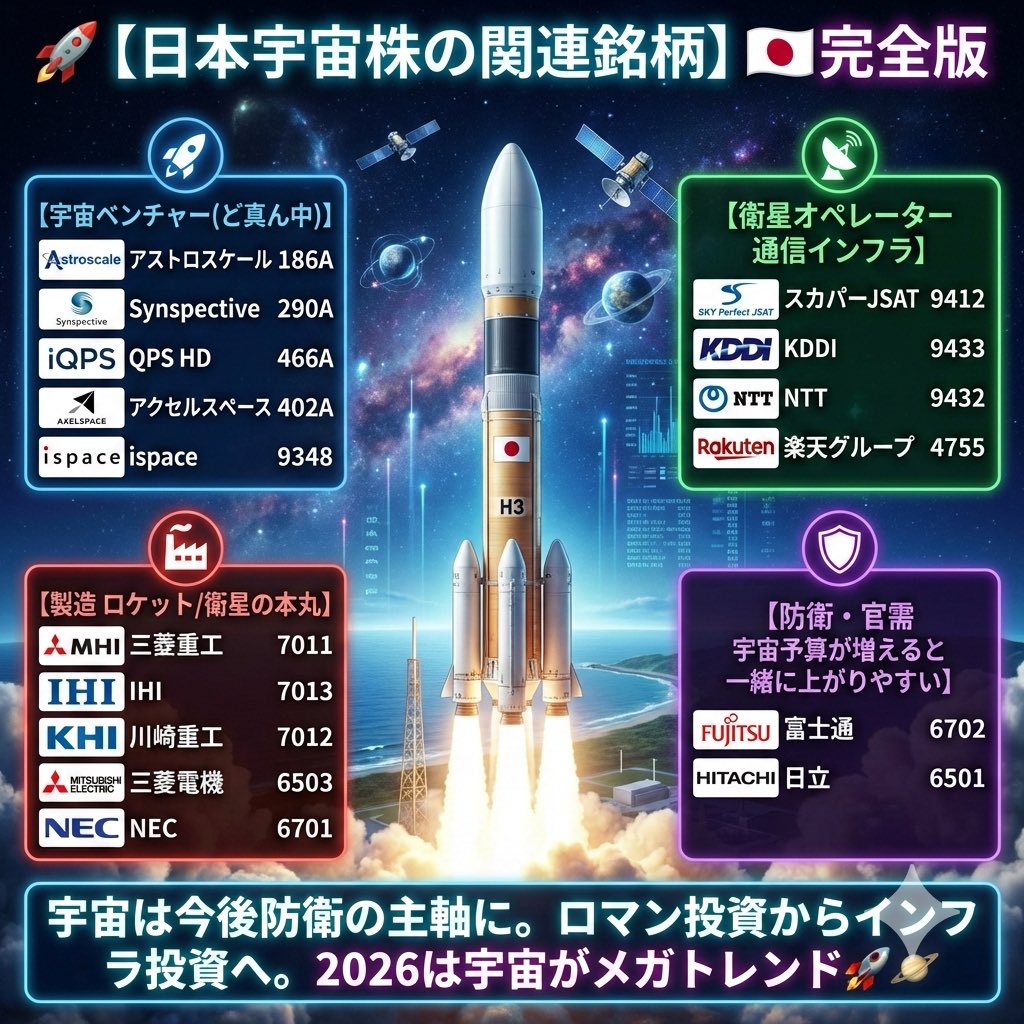 yupidcom's tweet photo. 🚀【日本宇宙株の関連銘柄】🇯🇵完全版

【宇宙ベンチャー(ど真ん中)】
・アストロスケール 186A（デブリ除去/軌道上サービス）
・Synspective 290A（SAR衛星/解析）
・QPS HD 466A（SAR衛星/小型コンステ）
・アクセルスペース 402A（地球観測/データ）
・ispace 9348（月面輸送/探査）

【衛星オペレーター 通信インフラ】
・スカパーJSAT 9412（衛星通信/運用の国内本丸）
・KDDI 9433（衛星×通信の連想が乗りやすい）
・NTT 9432（通信/ネットワーク、宇宙通信の受け皿側）
・楽天グループ 4755（D2D/衛星×地上統合の研究テーマ連想が強い、ASTSの大株主)

【製造 ロケット/衛星の本丸】
・三菱重工 7011（ロケット/宇宙システムの中核）
・IHI 7013（ロケット周辺/宇宙推進系の連想が強い）
・川崎重工 7012（宇宙機器/ロケット周辺の連想枠）
・三菱電機 6503（衛星の製造・搭載機器の本丸）
・NEC 6701（衛星/地上局/システム統合の連想が強い）

【防衛・官需 宇宙予算が増えると一緒に上がりやすい】
・三菱電機 6503（宇宙×防衛の交差点）
・IHI 7013、三菱重工 7011（防衛比率も高い＝官需連動しやすい）
・富士通 6702、日立 6501（システム/センサー/解析の受け皿連想枠）

空からの衛星監視、宇宙通信、ロケットなど、宇宙は今後防衛の主軸になると思っている。ロマン投資からインフラ投資へ。2026は宇宙がメガトレンド🚀

上場してない宇宙ベンチャーも多いので、もっと上場してほしいな🤤(今度非上場の宇宙企業もまとめます)

▼保存推奨
