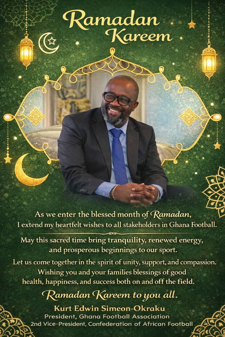 🌙 Ramadan Mubarak to the entire Ghana football family and beyond! 🙏

President Kurt Edwin Simeon-Okraku extends warm wishes for a blessed month on and off the pitch. ⚽❤️

#RamadanKareem || <a href="/kurtokraku/">Kurt Edwin Simeon-Okraku</a>