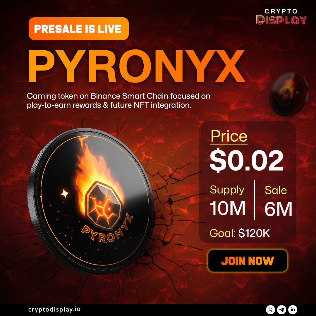 CryptoDisplayio's tweet image. Pyronyx $PYNX Presale Now Live

Built on #Binance Smart Chain
Play-to-Earn Gaming #Ecosystem
Future #NFT Integration

🔹Price: $0.02
🔹Limited Supply: 10M Tokens
🔹60% Available in Public Sale
🔹Raise Goal: $120K

👉Early entry before allocation
cryptodisplay.io/crypto-presale…
#Pyronyx