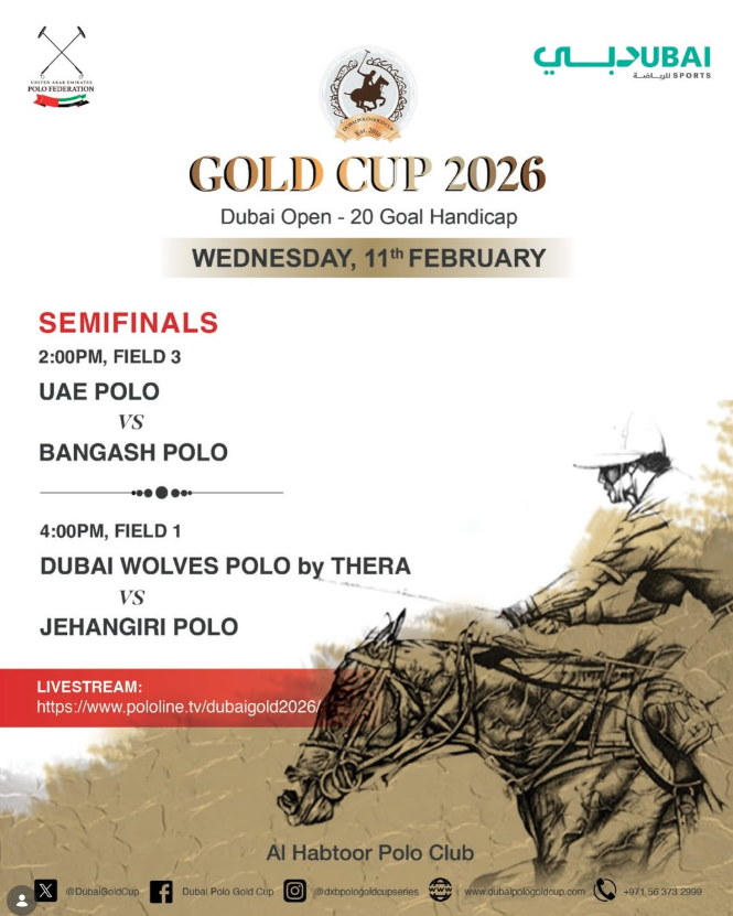The Semi Final is here! Tomorrow, 11 February.

2:00 PM | Field 3: uaepoloteam vs bangash_polo_uae
4:00 PM | Field 1: dubai_wolves vs jehangiripolo

Get ready for two thrilling matches — see you there!