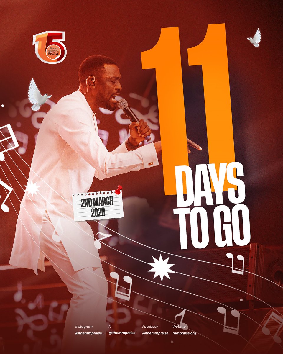 11 days to go until the 84 Hours Marathon
Messiah’s Praise.

Who’s ready to join the movement and make some noise for Jesus? 

We’re expecting a massive turnout of people from all walks of life.

#TheMMPraise #84HoursMMPraise
#MMPraiseAt15
