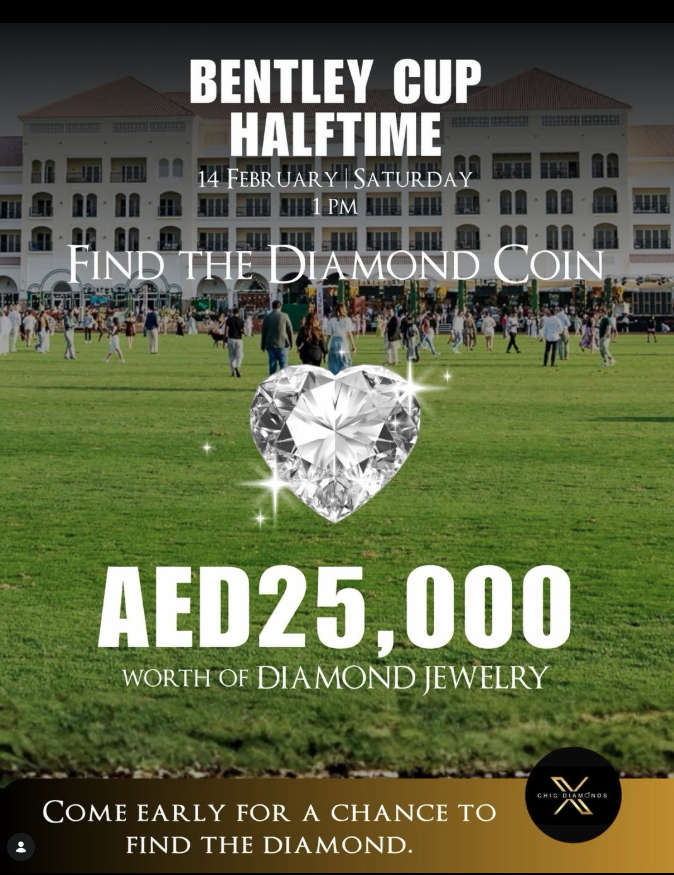 💎 Guess what? 💎
At the Gold Cup 2026 Final | 14 February, If you arrive early, you’re automatically entered for a chance to find the diamond on the field — worth 25,000 AED from Chic Diamonds! 🏇✨

Don’t miss out — arrive early, stay alert, and the diamond could be yours!