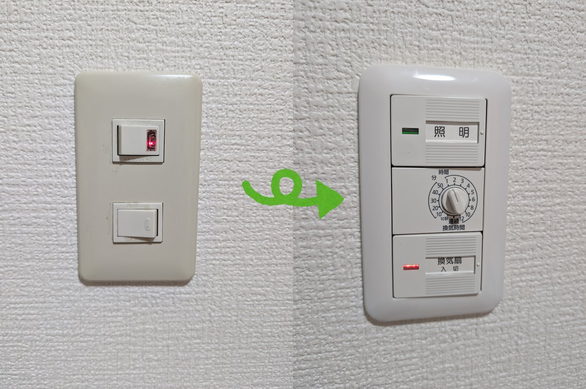 oddmutou's tweet photo. 電気工事士の免状届いたから早速工事した。風呂の換気扇をタイマーで切れるようにしたり、照明を人感センサーにしてて触ってほしくない箇所を蓋付きにしたりした。 https://t.co/KuMkot6ynx