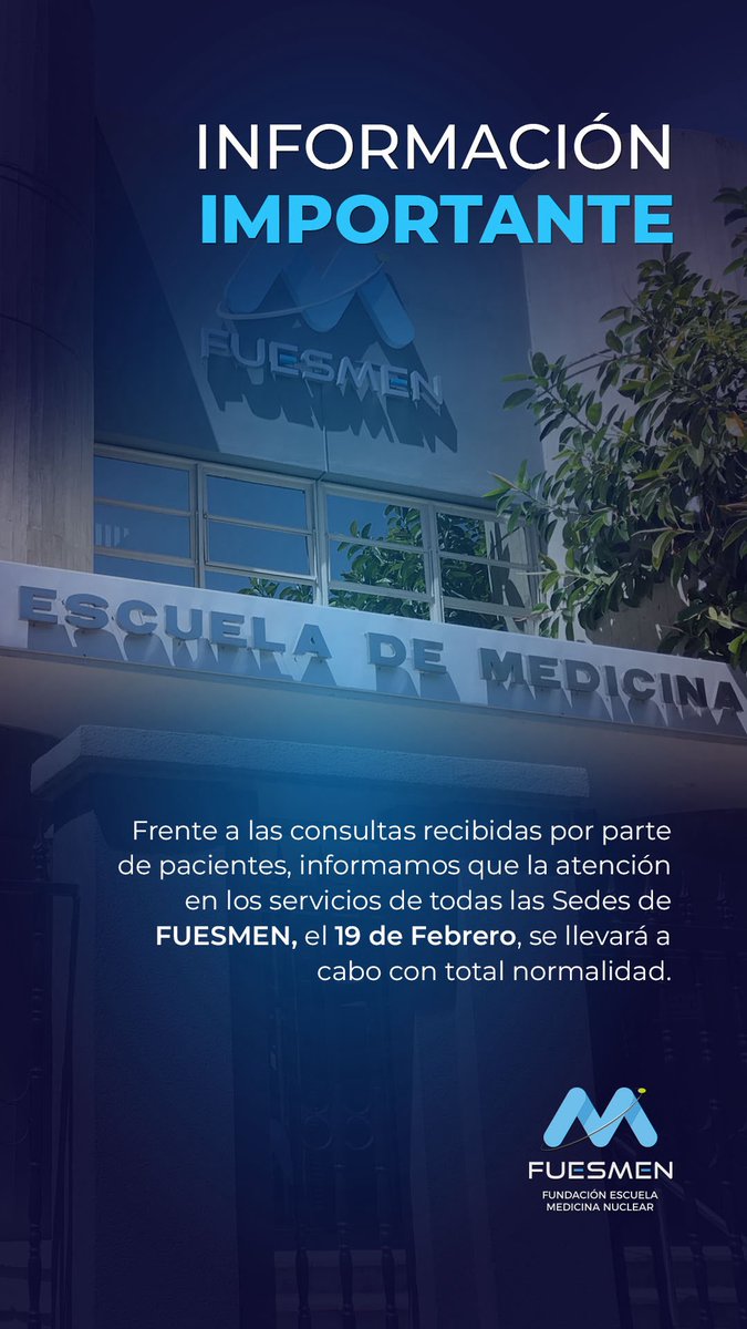 FUESMEN's tweet photo. Frente a las consultas recibidas por parte de pacientes, informamos que la atención en todos los servicios de todas las Sedes de Fuesmen, hoy 19 de febrero, se llevará a cabo con total normalidad. https://t.co/Pr5vgjNL9Z