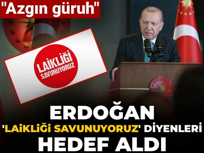 Erdoğan’a uyarı : 
Biz “azgın güruh”değiliz, kendinize gelin!

Saygın kamuoyuna;

Biz “Azgın güruh” falan asla değiliz..
Cumhuriyetin yürekli ve iyi eğitilmiş yurttaşlarıyız.
Yurtsever aydınlarız.
Cumhuriyetin temel değerlerini kararlılıkla savunuyoruz.
***
LAİKLİK demokratik