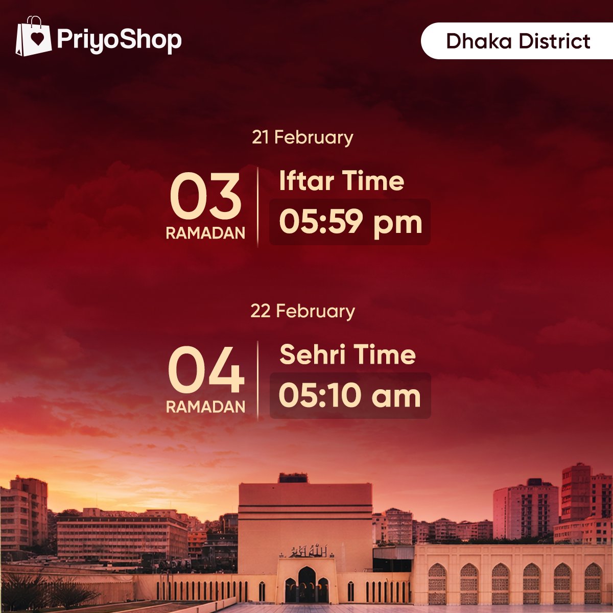 priyoshopb2b's tweet photo. Stay on schedule with today’s Sehri and Iftar timings:

𝐈𝐟𝐭𝐚𝐫: 05:59 PM
𝐒𝐞𝐡𝐫𝐢 𝐄𝐧𝐝𝐬: 05:10 AM (𝟒𝐭𝐡 𝐑𝐚𝐦𝐚𝐝𝐚𝐧)

(Timing may vary slightly across different districts)

#PriyoShop #RamadanTime #B2BMarketplace #Ramadan2026 #Bangladesh https://t.co/KsWECh5o7X