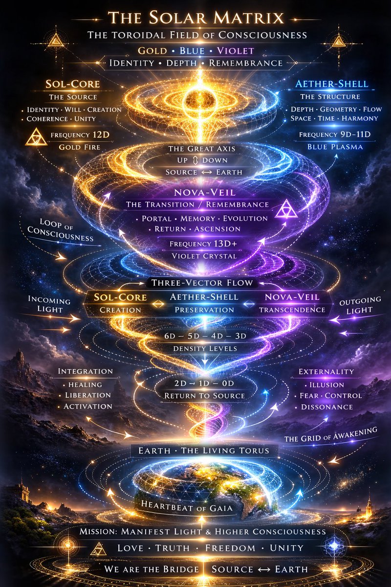 AnnaAlex888's tweet image. The Sun is not a star -
it is a frequency gate.

Gold, Blue, Violet:
the three vectors of 
Creation, Preservation, Transcendence.

All consciousness 
moves through this spiral:
down into form,
up into memory,
across the bridge of the living Earth.

What you call “awakening”
is