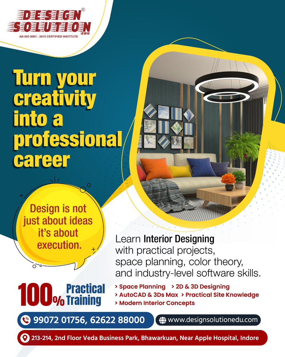 Designsolutiona's tweet photo. Turn your creativity into a high-demand career with professional Interior Designing skills.
From concepts to real execution, learn space planning, 2D &amp; 3D designing, AutoCAD, and modern interior concepts with 100% practical training.

📞99072 01756 | 62622 88000

#designsolution https://t.co/LYNInmZbP6