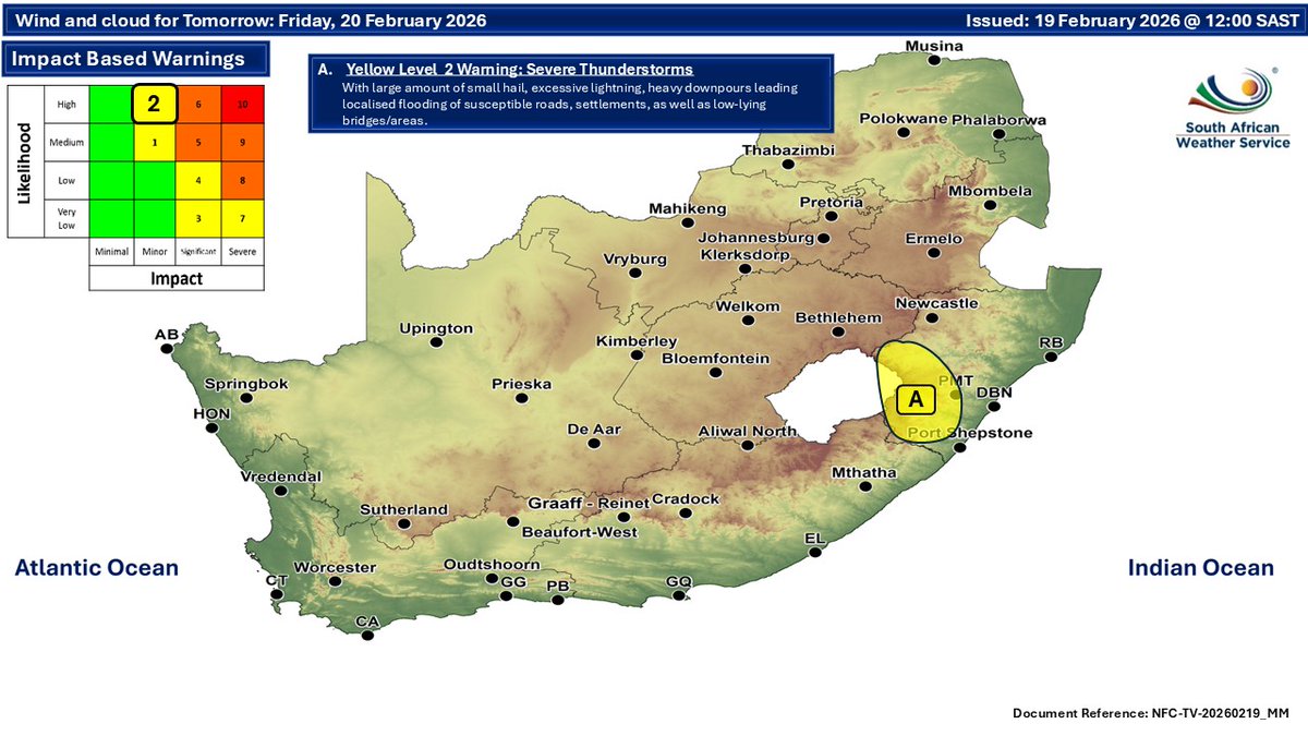 SAWeatherServic's tweet image. Weather forecast for today and tomorrow, 19-20 February 2025:
Partly cloudy and warm to hot with isolated showers and thundershowers in place but scattered in KwaZulu Natal and  Eastern Cape. ⚠ Severe Thunderstorms
#saws #weatheroutlook #SAWeather