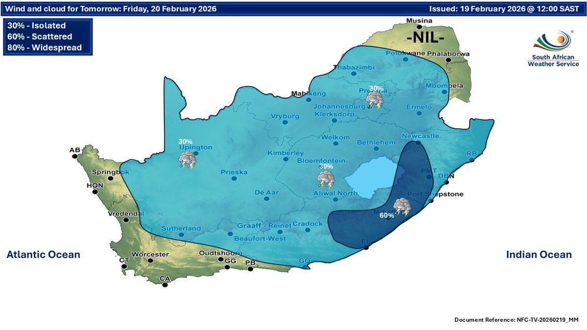 SAWeatherServic's tweet image. Weather forecast for today and tomorrow, 19-20 February 2025:
Partly cloudy and warm to hot with isolated showers and thundershowers in place but scattered in KwaZulu Natal and  Eastern Cape. ⚠ Severe Thunderstorms
#saws #weatheroutlook #SAWeather