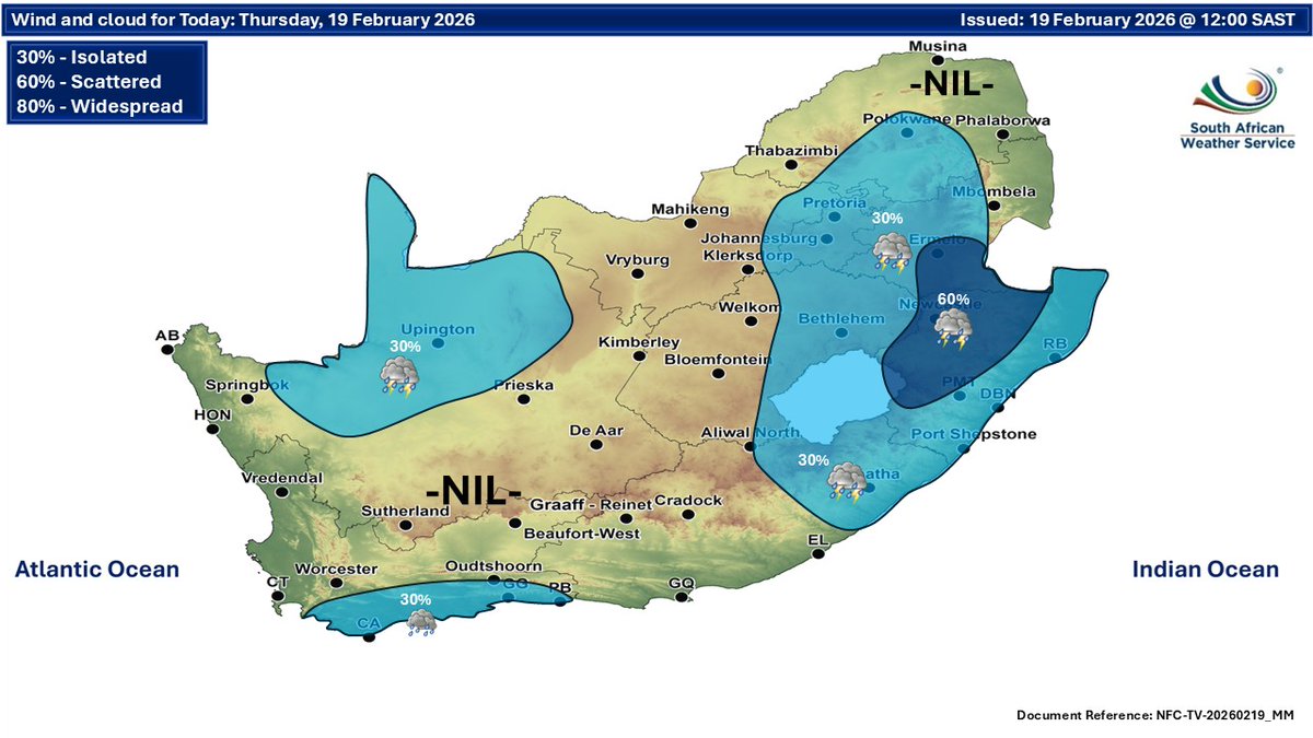 SAWeatherServic's tweet image. Weather forecast for today and tomorrow, 19-20 February 2025:
Partly cloudy and warm to hot with isolated showers and thundershowers in place but scattered in KwaZulu Natal and  Eastern Cape. ⚠ Severe Thunderstorms
#saws #weatheroutlook #SAWeather