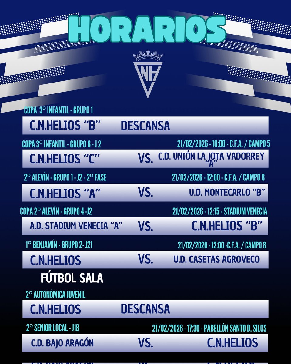 ¡Horarios de la jornada! 📅 Estos son los horarios de todos nuestros equipos para este fin de semana. ¡No te los pierdas! ⚽️🔵⚪

<a href="/cnhelios/">C.N. HELIOS</a>