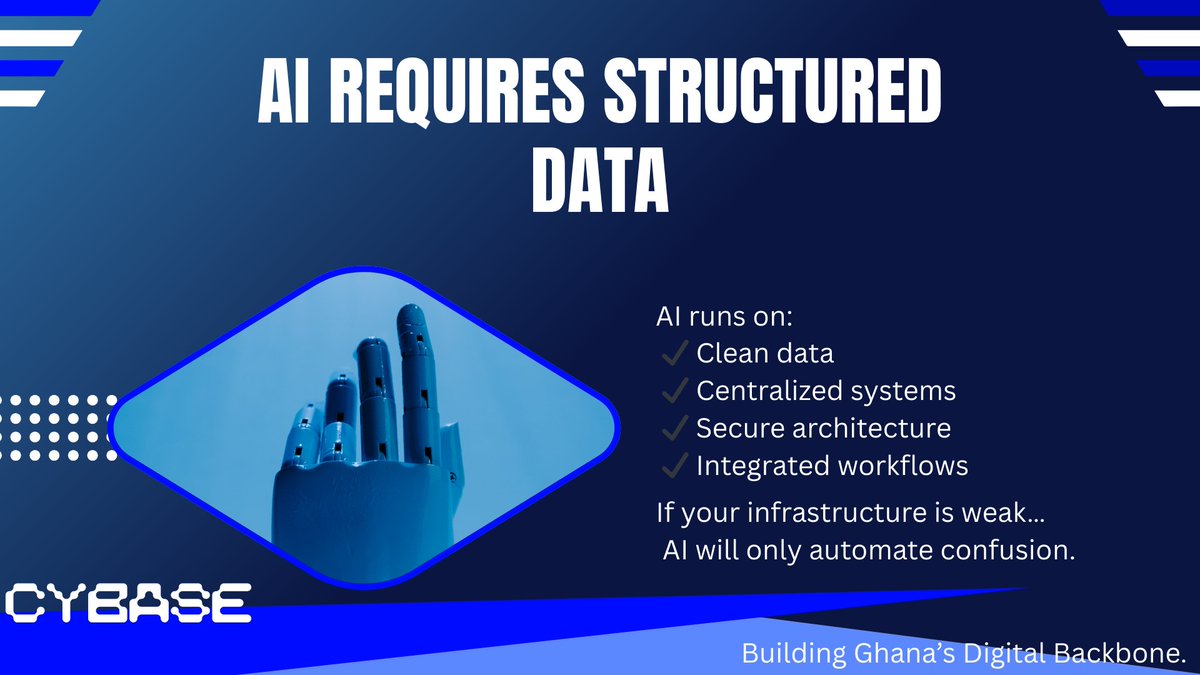 Cybasegh's tweet photo. Everyone wants AI.
But AI runs on clean, centralized data.
If your systems are fragmented, AI will only automate chaos.
Before automation…
Before machine learning
Before AI
You need integration.
DM us for a free infrastructure assessment.
#AI #DigitalTransformation #CYBASE https://t.co/spva07WByi