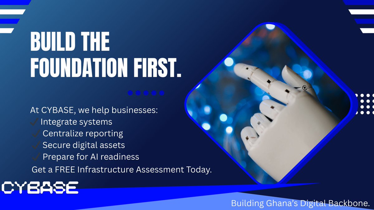 Cybasegh's tweet photo. Everyone wants AI.
But AI runs on clean, centralized data.
If your systems are fragmented, AI will only automate chaos.
Before automation…
Before machine learning
Before AI
You need integration.
DM us for a free infrastructure assessment.
#AI #DigitalTransformation #CYBASE https://t.co/spva07WByi