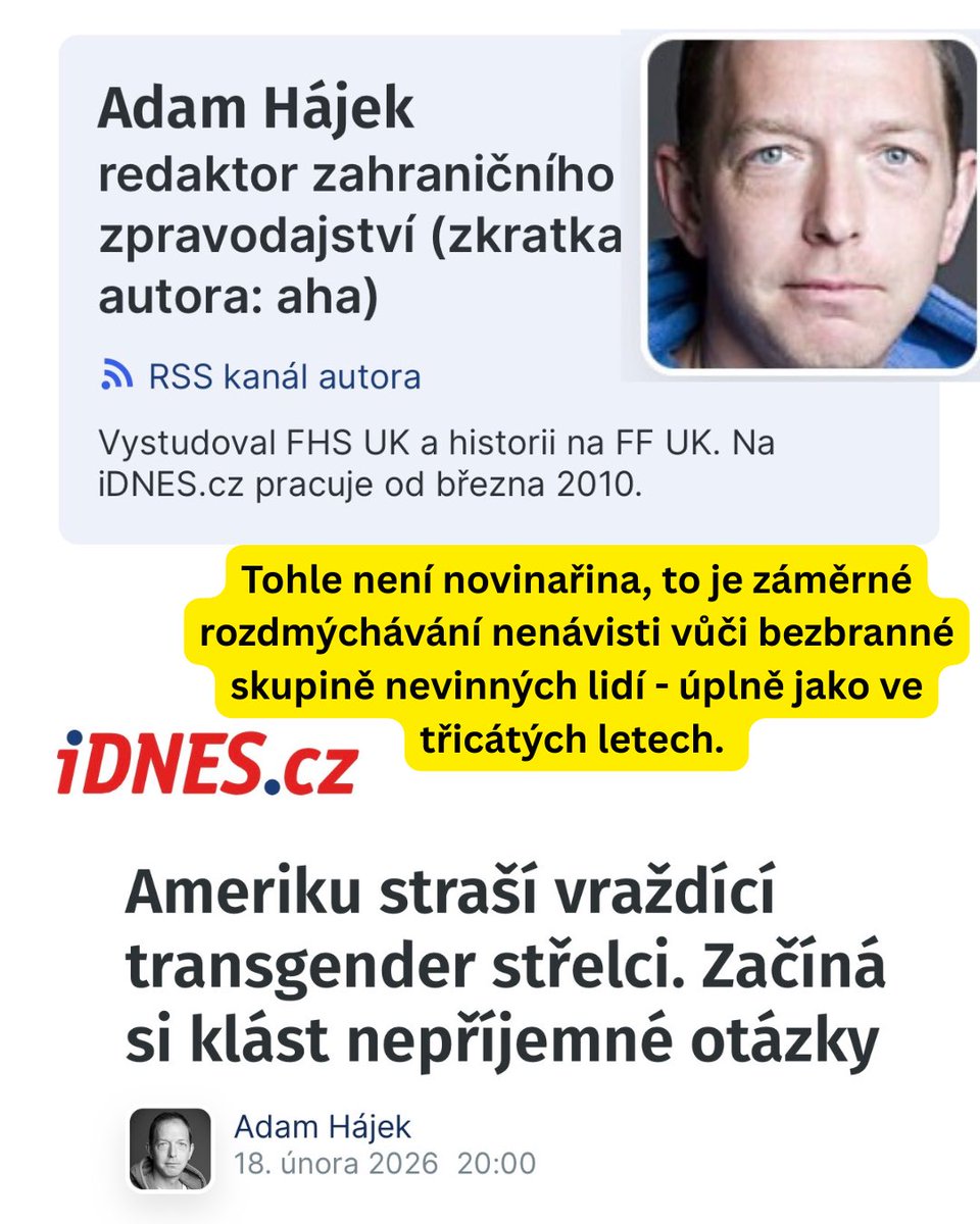 VTranzu's tweet image. Adam Hájek z iDnesu se rozhodl pro jeden z nejzoufalejších a nejodpornějších činů, jakých je lidská bytost vůbec schopná. Zneužil své postavení novináře a rozhodl se zavádějícím titulkem poštvat veřejnost proti bezbranné skupině nevinných lidí. Třicátá léta se vrací. Tohle už je