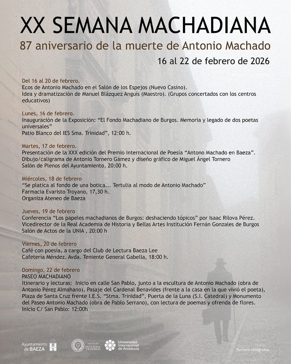 📅La XX Semana Machadiana de #Baeza llega a su ecuador, pero aún son muchas las actividades por disfrutar. ¡Que no te lo cuenten!

<a href="/AytoBaeza/">Ayuntamiento Baeza</a> #NiUnDiaSinPoesia #AntonioMachado #ViajarEsRevivir