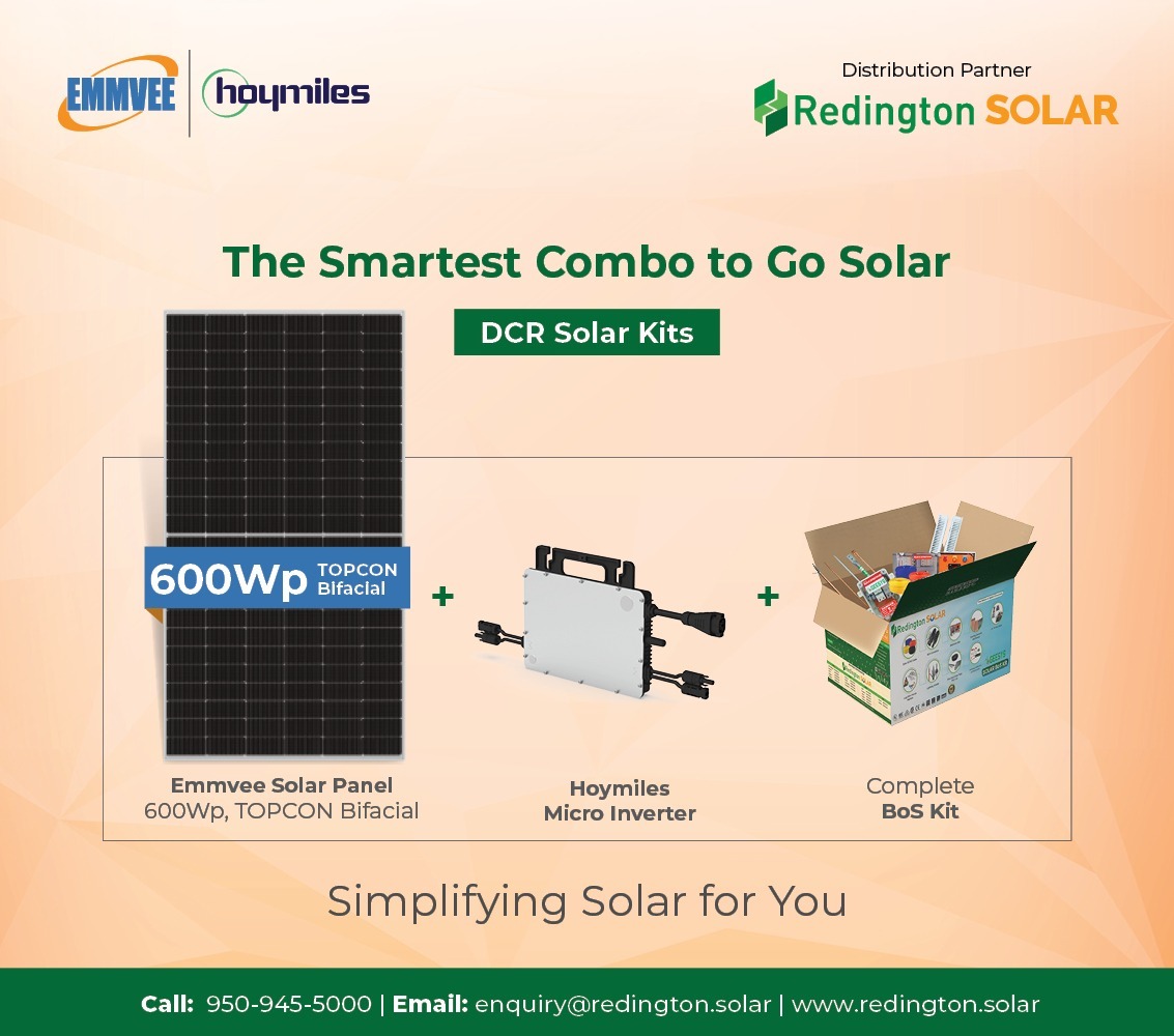 Redington_solar's tweet image. The smartest combo to go solar is here. 
Emmvee 600Wp TOPCon Bifacial + Hoymiles Micro Inverter + Complete BoS Kit — all backed by Redington Solar authenticity &amp;amp; trusted multi-brand supply.
Simpler installs. Faster delivery. Stronger margins.
#RedingtonSolar #DCRKits