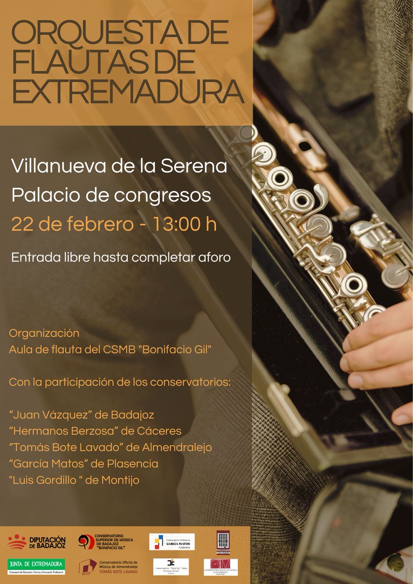 Participamos con la #OrquestDeFlautasDeExtremadura en el conciertoorganizado por <a href="/CSMBonifacioGil/">CSM Bonifacio Gil</a>  junto a <a href="/cpmjuanvazquez/">Conservatorio Profesional JUAN VÁZQUEZ. Badajoz</a>, Conservatorio "Hermanos Berzosa" <a href="/CPMGarciaMatos/">Conservatorio García Matos de Plasencia</a> y Conservatorio “Luis Gordillo”
En Villanueva de la Serena (Palacio Congresos), 22 de febrero a las 13h