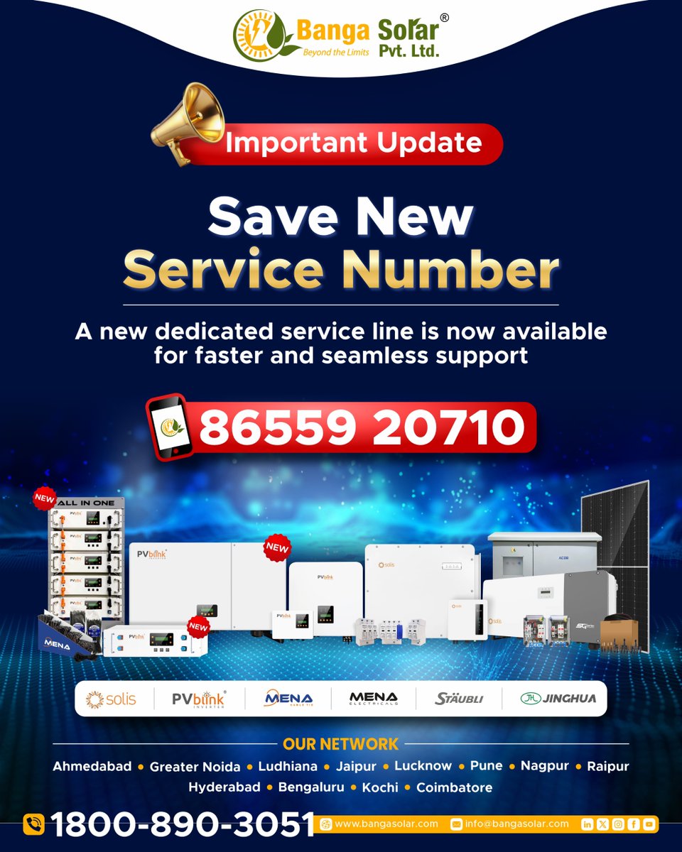 BangaLtd's tweet image. 🚨 Important Service Update!

Please save our #newservicenumber for all your support and maintenance requirements.

📞 86559 20710

Get quick solutions and reliable assistance anytime with Team #BangaSolar - always here to #supportyou!

#CustomerSupport #ServiceUpdate