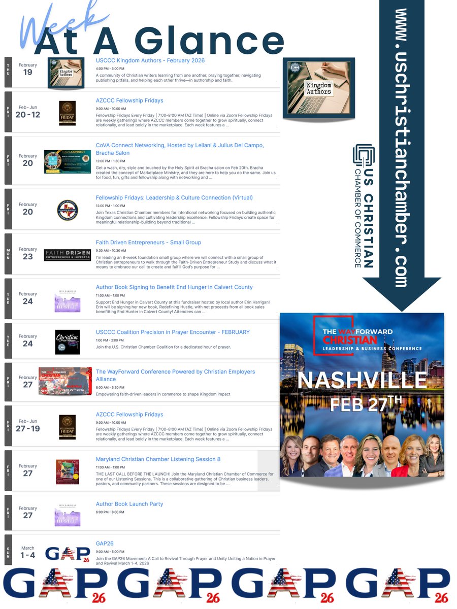 From coast to coast, faith-aligned business leaders are connecting, praying, learning, and growing—together.

Virtual gatherings.
In-person launches.
Prayer, strategy, leadership, and community.

business.uschristianchamber.com/events

You are not alone.
This is how we chamber.