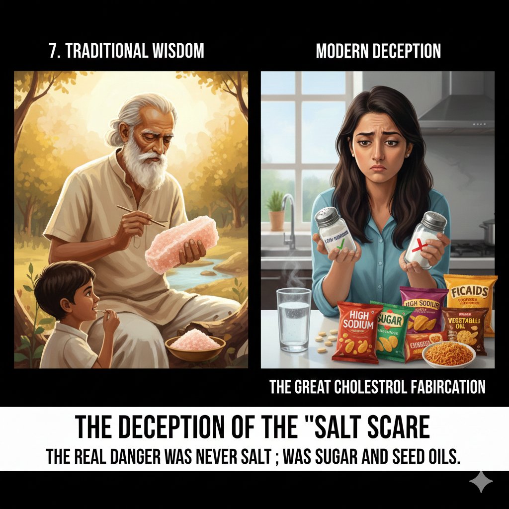 7️⃣ The Deception of the "Salt Scare"

We were told that Namak (salt) would destroy our hearts, leading millions to adopt bland, low-sodium diets. Meanwhile, we ignored the fact that traditional Saindhava Lavana (Himalayan Pink Salt) is packed with 84 essential trace minerals.