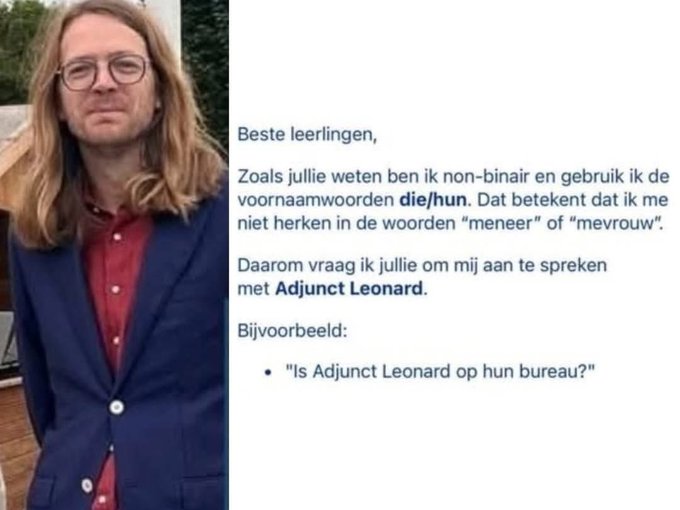 Beste Meneer/Mevrouw Leonard,

Ik hou mijn dochter en zoon onmiddellijk thuis van school, want deze gestoordheid vind ik een gevaarlijke indoctrinatie van  mijn kinderen, die niet stroken met onze normen en waarden zoals wij onze kinderen wensen op te voeden.