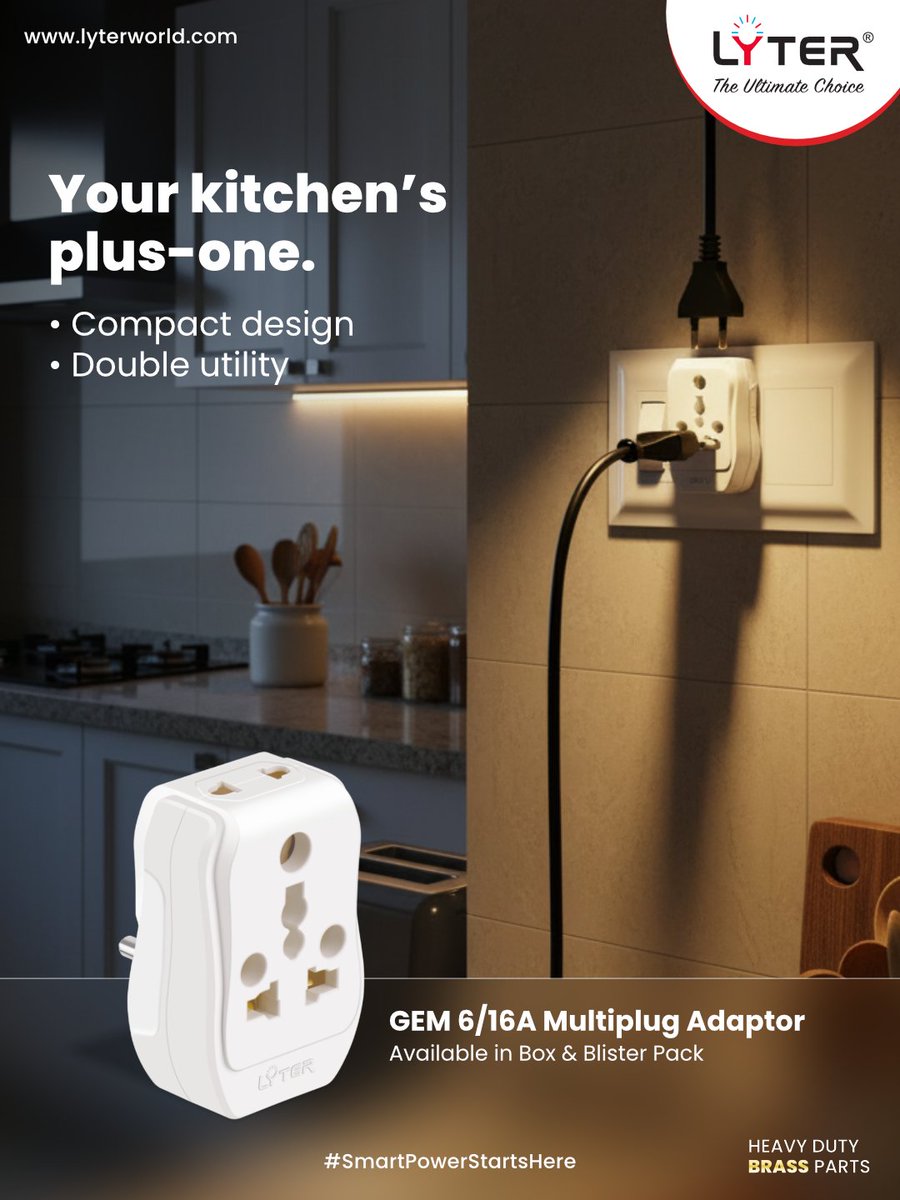 thelyterworld's tweet photo. Small kitchens demand smart solutions. With the GEM 6/16A Multiplug Adaptor, you can run two appliances from one socket without clutter or compromise.
๐: https://t.co/htMK1sp55q
โ๏ธ: +91-9833623624
#Lyter #MultiPlugAdaptor #SeamlessConnections #DeskEssentials #CompactPower https://t.co/7w4iTooAh6