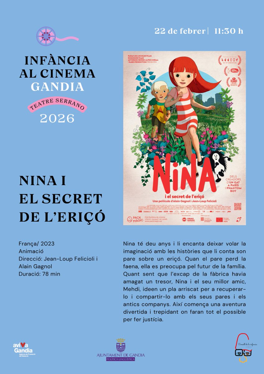 MesGandia's tweet photo. 🎈 Cinema familiar en valencià a #Gandia

🎬 Nina i el secret de l’eriçó
📅 Diumenge 22 · 11.30 h
📍 Teatre Serrano (Sala B)
🎟️ Entrada lliure fins completar aforament
🦻🏻 Accessible
Una iniciativa d’AVIVA i el Dept. d’Infància de l’Ajuntament de Gandia. https://t.co/PCiVzkElon
