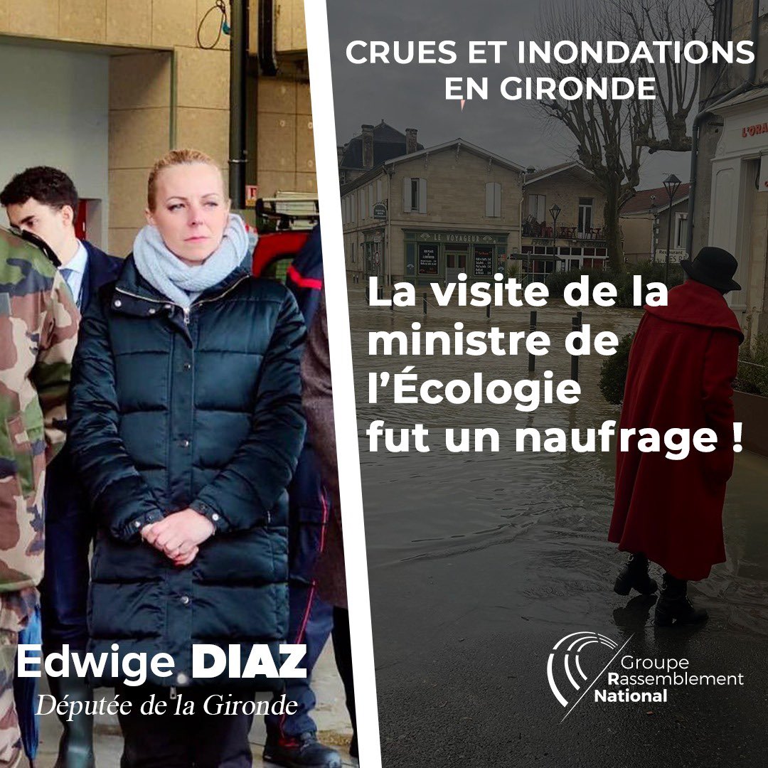 🔴 Crues en Gironde : naufrage gouvernemental !

➡️ Visite ministérielle inutile
➡️ Réponses évasives
➡️ Renvoi de responsabilité vers les collectivités
➡️ Aucune annonce concrète

📩 Mon courrier aux élus des territoires frappés par les inondations :
👉 edwigediaz.fr/inondations-en…
