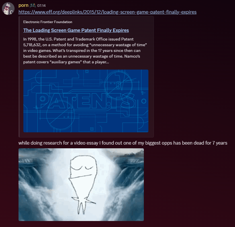 Spreading the word for those who missed it (me)
Not only has the patent expired:
eff.org/deeplinks/2015…
But there was even a Loading Screen Jam as a celebration:
itch.io/jam/loading-sc…