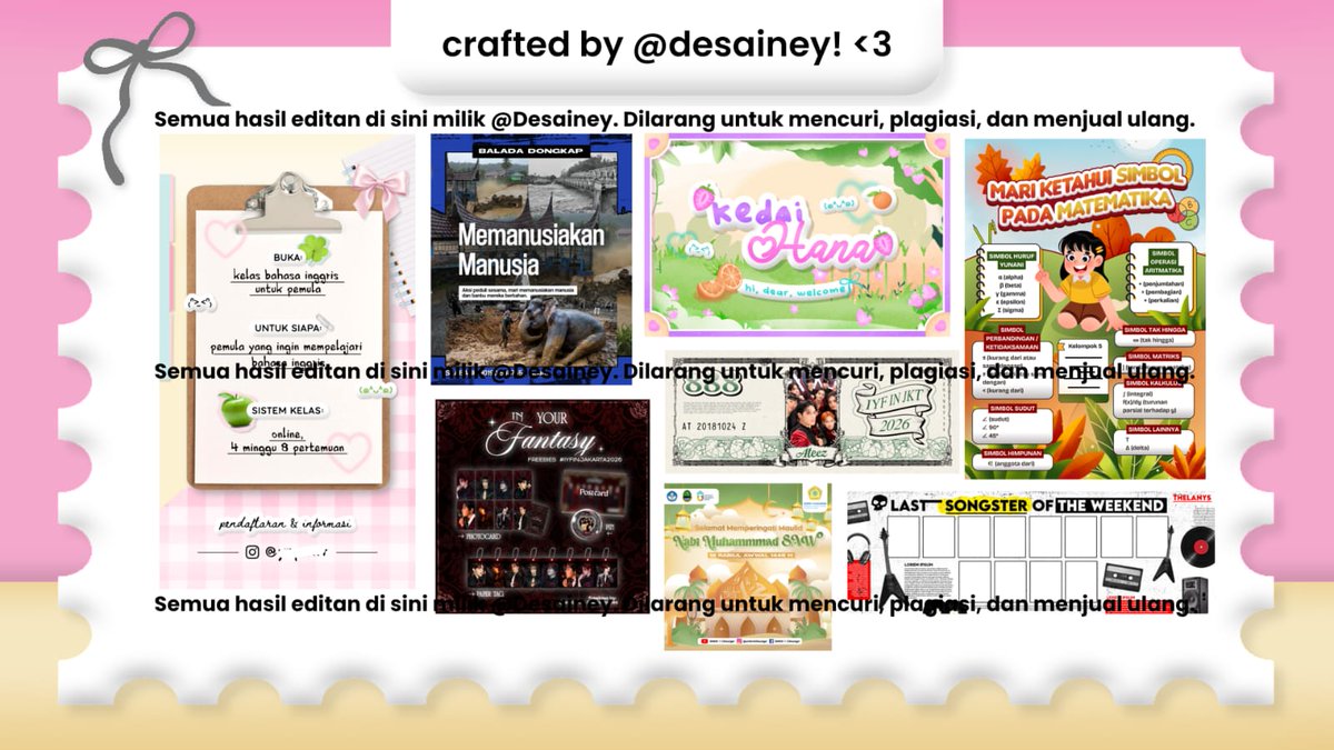 kakyurii's tweet photo. Haii! kamu lagi butuh :
- JASA DESAIN (poster, infografis, kaos, scrapbook) 
- JASA EDIT VIDEO (iklan, cinematic, film pendek) 
- JASA ANIMASI (pendidkan, iklan animasi, motion graphic)

Triing! 🪄𖹭 aku hadir untuk membantu ˃ᴗ ˂
ORDER? KLIK WA DI BIO : @desainey #zonauang https://t.co/qNbihfSlu9
