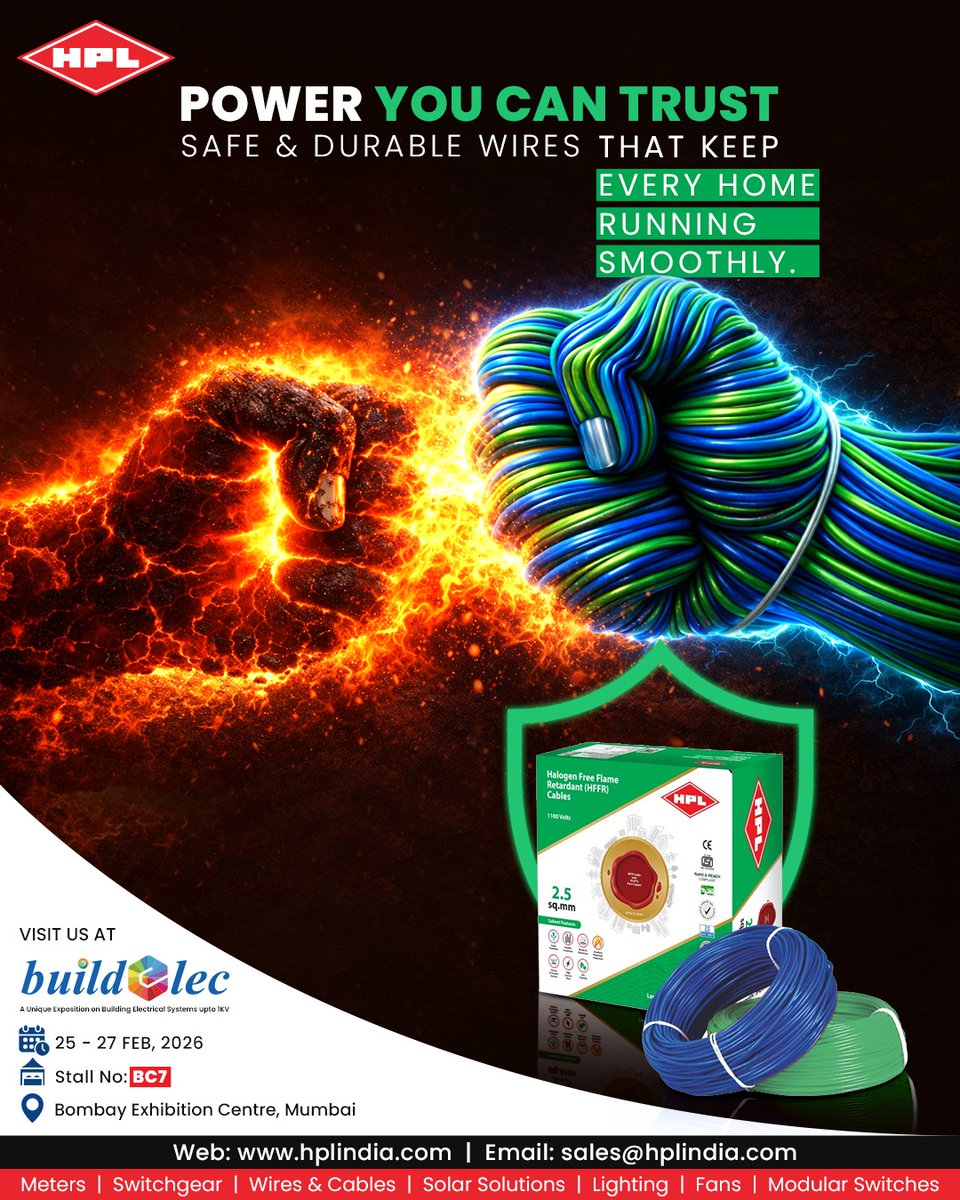 HPL_Official's tweet photo. Power your home with safety you can trust ⚡
HPL wires & cables deliver fire-resistant protection, smooth power flow & long-lasting performance, built for modern living and everyday peace of mind.
#SmartElectrical #FireSafeWires #HomeSafety #TrustedPower #HPLIndia https://t.co/tnNYuY84Xa