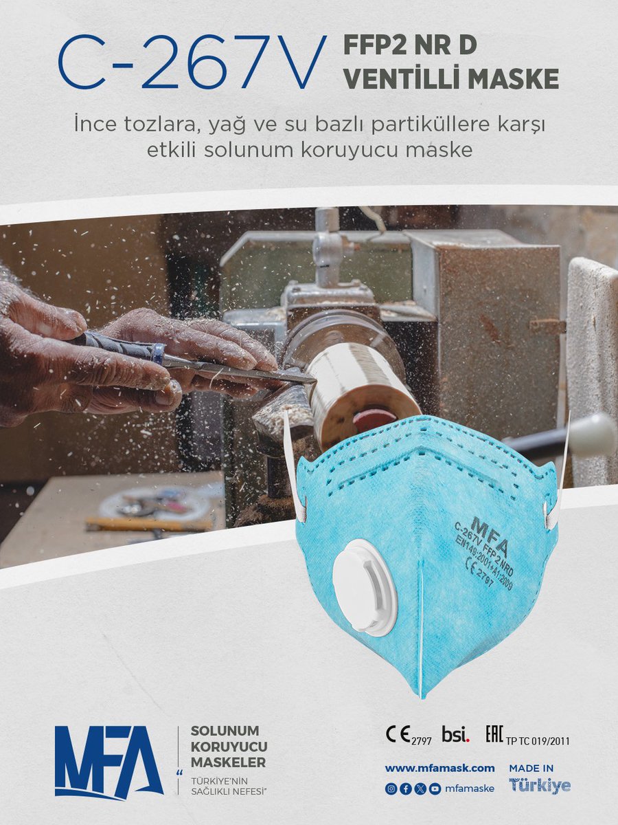 C-267V FFP2 NR D Ventilli Maske, orta düzey toz ve partikül yoğunluğuna sahip iş sahalarında güvenilir solunum sunmak üzere tasarlanmıştır. 

İç bölgeye monte edilmiş burun mandalı ve Hydro-Charging teknolojisi ile üretilmiş Meltblown filtre yapısı etkin sızdırmazlık sağlar.