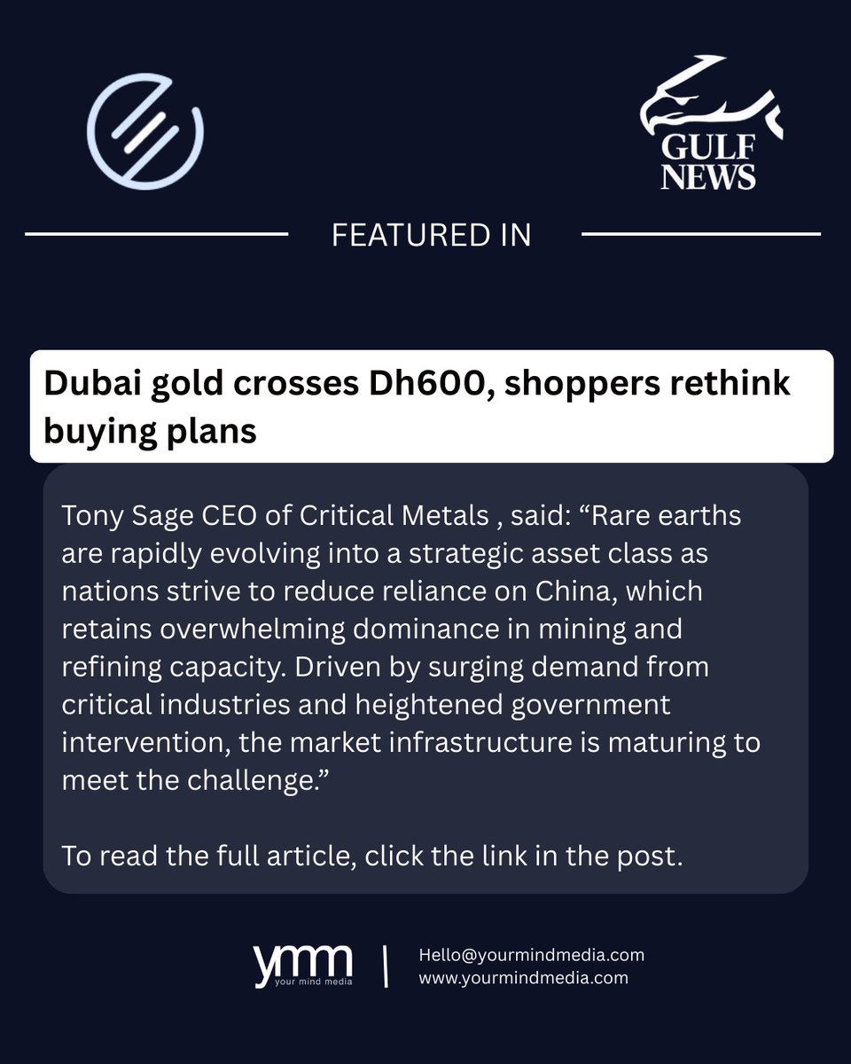 yourmindmedia's tweet photo. Speaking to @gulf_news, @TonySage7237, CEO of $CRML, said that rare earths are becoming a strategic asset class, and the launch of CME rare earth futures will create pricing transparency and help investors hedge against volatility.  

 #PreciousMetals #RareEarths #CME https://t.co/xddqBSBKAX