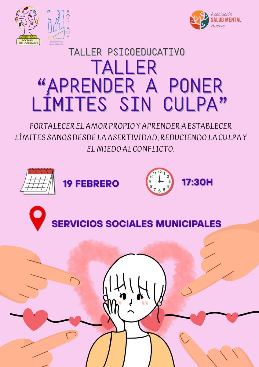 Nuevo Taller Psicoeducativo "Aprender a poner límites sin culpa" Una iniciativa importante para mejorar nuestras relaciones y sentirnos más felices. En #RocianaDelCondadoRELAS. 🕠A las 17:30 h ¡No lo olvides! #Localizarlasalud