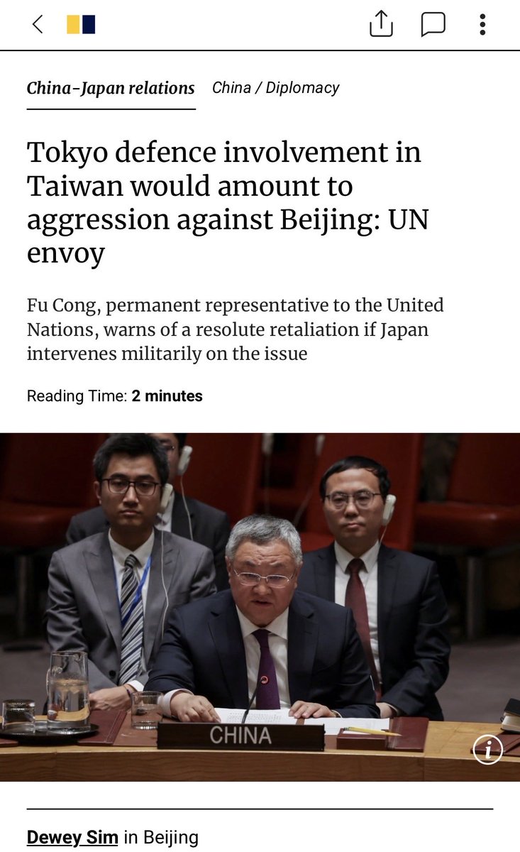 SariArhoHavren's tweet image. China keeps pushing and pushing and even spins the UN Charter to make Taiwan appear as China’s sovereign territory:

China’s envoy to the United Nations, Fu Cong, has warned that any military involvement by Japan in the Taiwan issue would amount to aggression against Beijing,