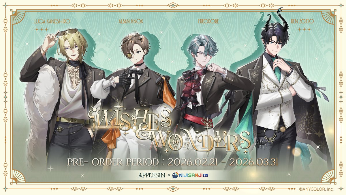 #Applesin_es x #NIJISANJI_EN #WishesAndWonders

✨𝑾𝒊𝒔𝒉𝒆𝒔 &amp; 𝑾𝒐𝒏𝒅𝒆𝒓𝒔.— ✨

ครั้งแรกในไทย! กับคอลแลบทางการของ “NIJISANJI EN” และ “Applesin” การออกแบบเครื่องประดับพิเศษที่ผสมผสานเอกลักษณ์ของ 4 Talents ได้แก่ Luca Kaneshiro, Alban Knox, Ren Zotto, and Freodore