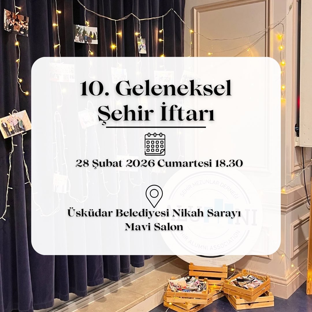 sehir_alumni's tweet photo. 28 Şubat Cumartesi günü gerçekleşecek iftar programımıza sizleri davet ediyoruz. 

Ramazanın bereketini paylaşmak, dostluklarımızı pekiştirmek ve aynı sofrada buluşmak için yerinizi ayırtın🌙

Kayıt formuna buradan ulaşabilirsiniz:
https://t.co/MsOJ4EqMvh https://t.co/7sPSODnoDu