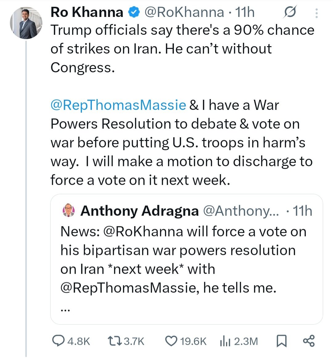 نماینده کنگره #آمریکا:
"هفته آینده درباره حمله نظامی به ایران رای‌گیری می‌کنیم. ترامپ بدون رای کنگره نمی‌تواند به ایران حمله کند"

اشاره رو کانا به "قانون اختیارات جنگ" است. براساس این قانون جنگ پرهزینه نیاز به مجوز کنگره دارد. ملاک پرهزینه بودن برآورد نهادهای اطلاعاتی آمریکا است