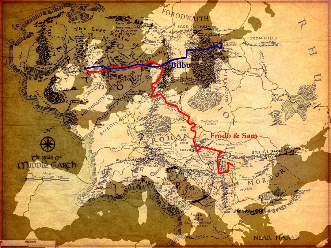 Trasa, którą musieli pokonać bohaterowie "Władcy Pierścieni" i "Hobbita", naniesiona na mapę Europy.

Bardzo pomocne w zwizualizowaniu sobie skali przedsięwzięcia.