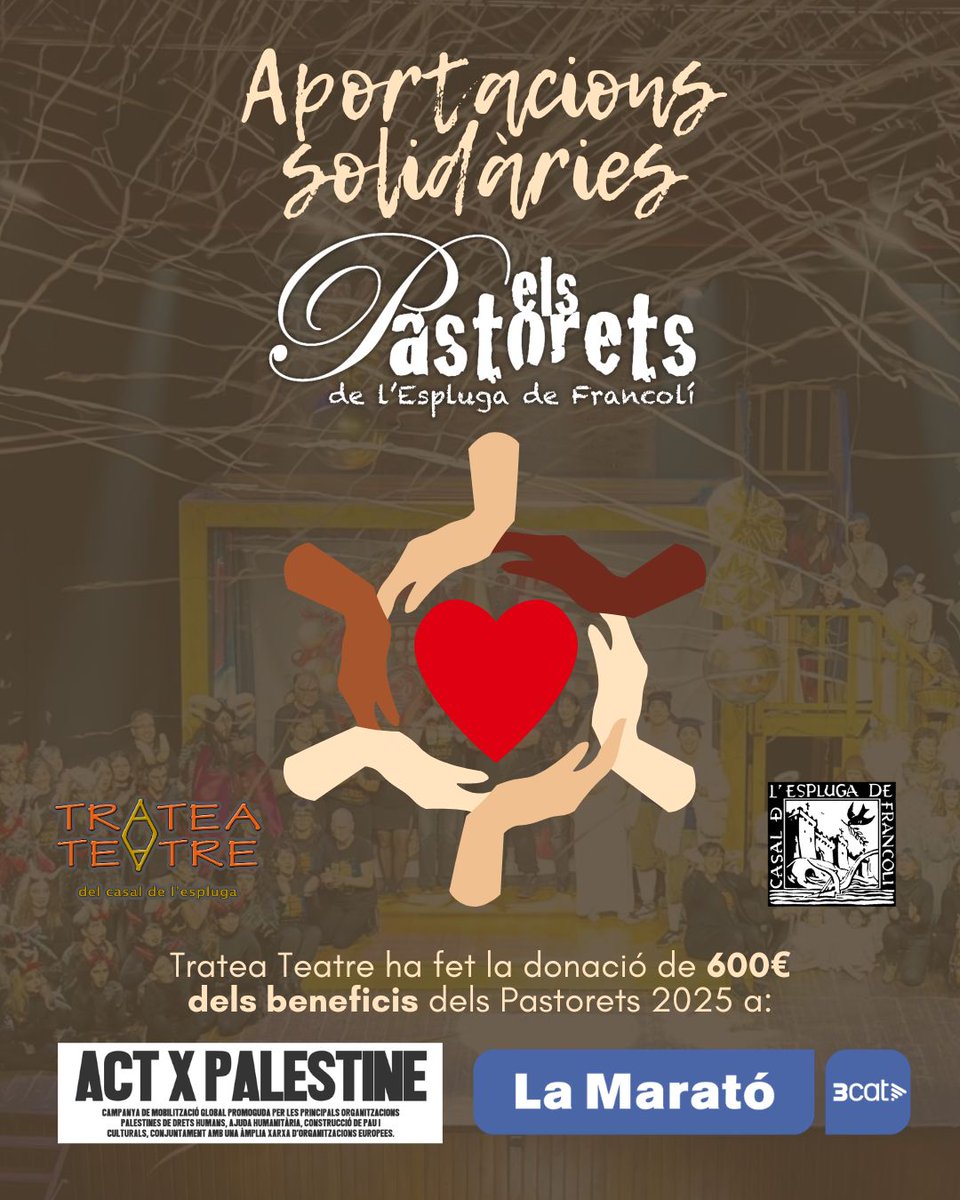 pastoretsef's tweet photo. 🤝 Donatiu #solidari de part dels beneficis de la representació dels Pastorets a causes socials per Act X Palestine i la Marató de 3Cat dedicada a la lluita contra el càncer.
ℹ️https://t.co/IN6IRy4gFo https://t.co/YNv24aDi1M
